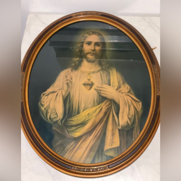 Secret Heart Of Jesus Oval Framed Picture Vintage 22”.5 X 18”Portrait Antiques